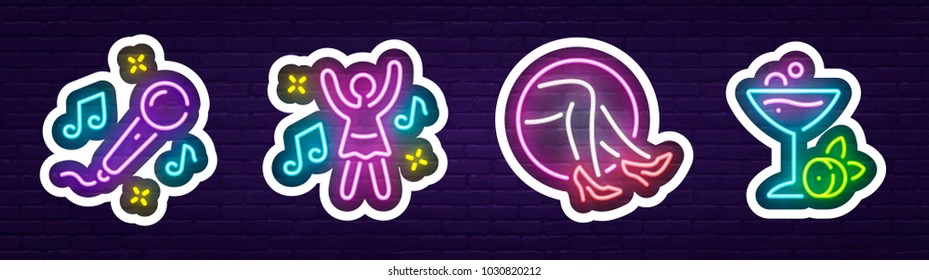 Isolated sticker. Stickers for messenger.  Theme night club, disco and karaoke.  Logo, emblem and label. Light sticker. Line icons colorful. Vector illustration.