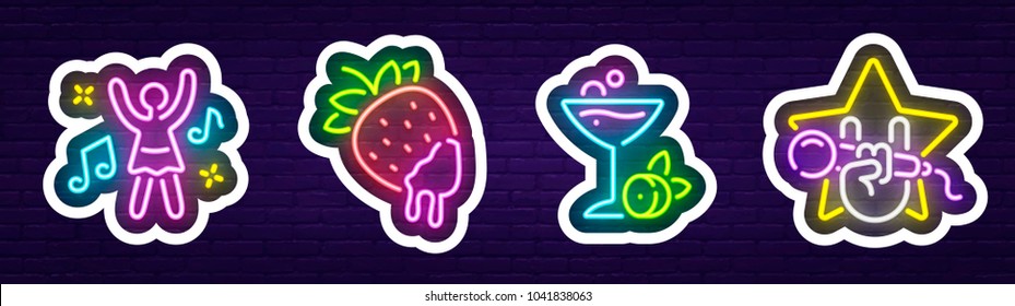 Isolated sticker. Stickers for messenger.  Theme night club and disco. Logo, emblem and label. Light sticker. Line icons colorful. Vector illustration.