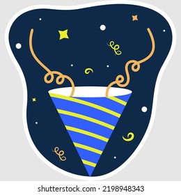 Isolated Sticker Style Blast Party Popper Icon On Blue Background.