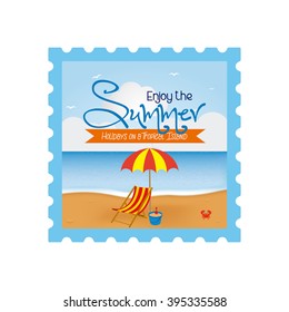 Isolated sticker with summer objects and text on a white background