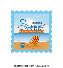 Isolated sticker with summer objects and text on a white background