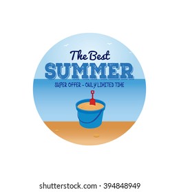 Isolated sticker with text and a sand bucket on a beach landscape
