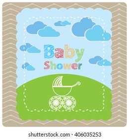 Isolated sticker with text and a stroller on a textured background