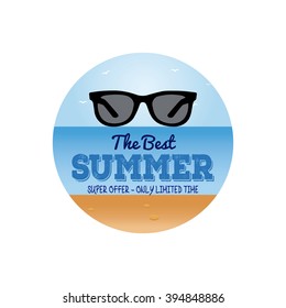 Isolated sticker with text and a sunglasses on a beach landscape