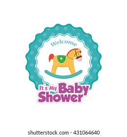 Isolated sticker with text and a wooden horse toy
