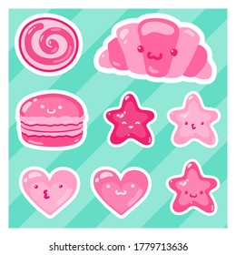 Isolated stickers - cute vector images: cup, croissant, hearts, stars, macaron. Elements- pink colors. White wide outline. Background - turquoise with stripes. Square format. Sticker pack