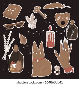 Isolated stickers esoteric witch symbols with cat, witch hand, witch cat, magic elements