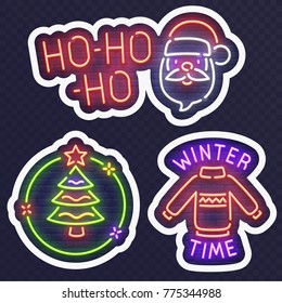 Isolated stickers for messenger.  Realistic neon sign.  Merry Christmas and Happy New Year logo, emblem and label. Light sticker. 