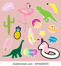 Isolated stickers on a pink background. Vector illustration with flamingos, banana, pineapple, cactus, inflatable flamingo, donut.