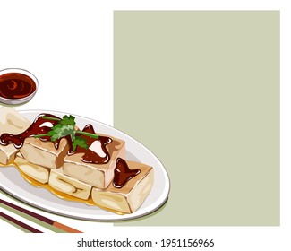 Isolated Stinky tofu, The form of fermented tofu that has a strong odor in a dish. The famous menu in China night market. Close up asian food. Realistic vector illustration on white background. 