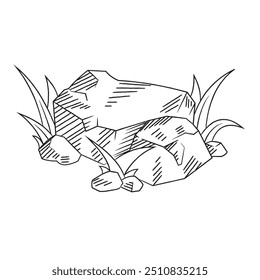 Isolated stone and grass line art. Hand drawn stone illustration