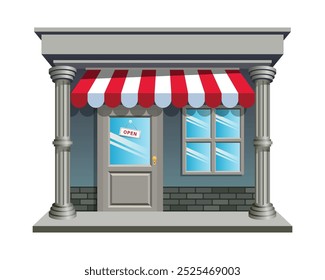 Isolated storefront with tent, door, windows and pillar. Vector Illustration.