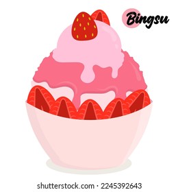 Isolated strawberry bingsu or shaved ice with fresh strawberries, syrup, and ice cream. Korean traditional dessert