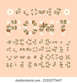 Isolated strawberry flower font alphabet character with number and symbol, Vector floral wreath ivy style with branch and leaves
