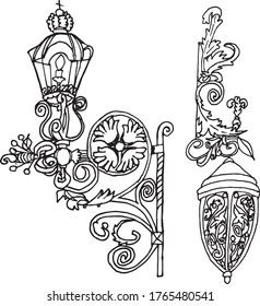 Isolated STREET LANTERNS on white. Hand drawn. Black and white. Vector EPS 10. Use for print on wallpaper, fabric, textiles, decor, books, wrappers, illustration, shades, ceramic coatings, dishes.



