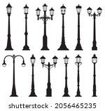 Isolated streetlight lamps, vintage lamppost or streetlamp and lanterns, vector silhouette icons. Old street light pillars, retro lantern poles or city illumination lampposts with gas or light bulbs
