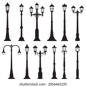 Isolated streetlight lamps, vintage lamppost or streetlamp and lanterns, vector silhouette icons. Old street light pillars, retro lantern poles or city illumination lampposts with gas or light bulbs