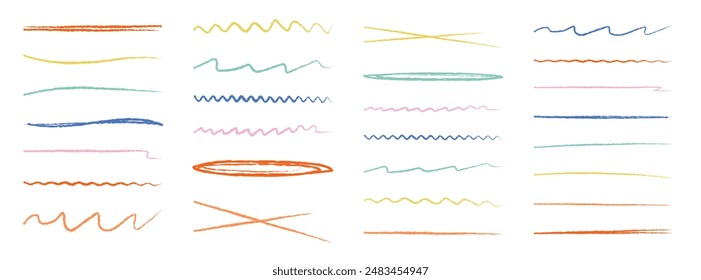 Isolated strike through and Underline crayon elements. Hand drawn multi colored straight, wavy, strikethrough and circled lines. Typography ink brush lines. Vector illustration on white background