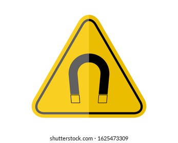 isolated  strong magnetic field, common hazards symbols on yellow round triangle board warning sign for icon, label, logo or package industry etc. flat paperwork style vector design.