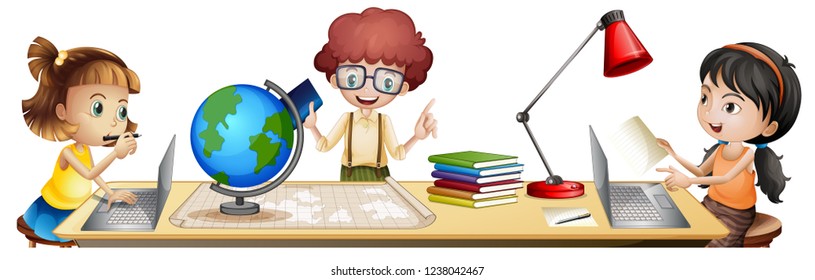 Isolated students learning on the table illustration