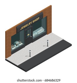 Isolated stylish colored jewelry shop isometric composition with storefront and shop sign vector illustration