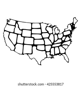 isolated stylish political USA vectorial map of united states of america with black outline of 50 country frontier contour