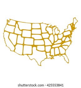 isolated stylish  political USA vectorial map of united states of america with golden outline of 50 country frontier contour