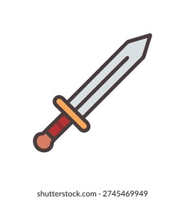Isolated stylized cartoon sword, with a dark outline, light gray blade, gold hand guard and red hilt.