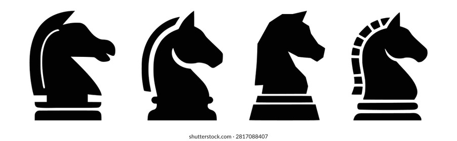 Isolated stylized chess horse silhouettes arranged linearly. Represents strategy competition and intellectual pursuit for board game marketing.