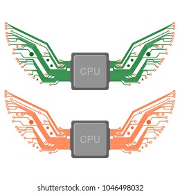 Isolated stylized circuit wings spreading out from processor or chip, two variations