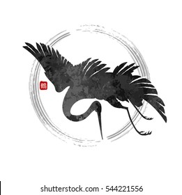isolated stylized crane in a Japanese style with a hieroglyph