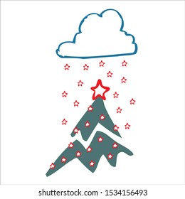 
Isolated stylized fir with red star on top, white background. Falling from cloud stars in red line with white heart. The miracle and festive mood. Simple and elegant design for Christmas, New Year