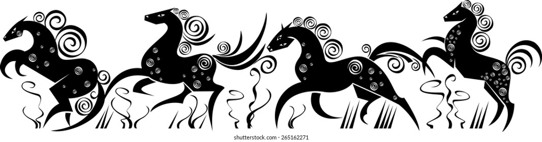 isolated stylized funny silhouettes of running horses