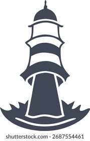 Un icono estilizado aislado muestra una torre de faro azul oscuro con rayas blancas, sentada sobre una base irregular, sobre un fondo blanco liso, que simboliza la navegación costera.