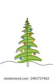 Isolated stylized vector Christmas tree with toys in one line