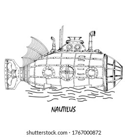 Isolated submarine detailed vintage drawing