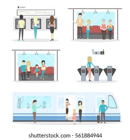 Isolated subway set on white background. Passengers, commuters in train, awaiting and buying tickets.