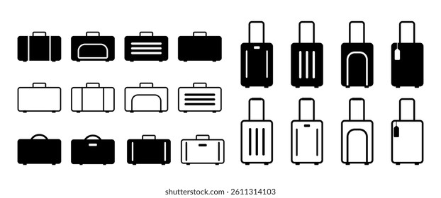 Isolated Suitcase and Baggage vector symbol collection, Travel Luggage graphic elements sign and icon set, Black pictogram, Holiday infographic Button, Web, Banner (Editable)