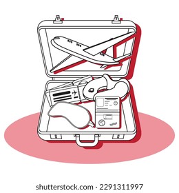 Isolated suitcase with different travel accesory items Vector