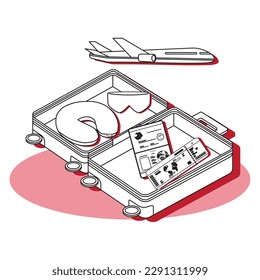 Isolated suitcase with different travel accesory items Vector