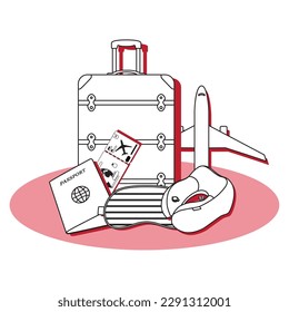 Isolated suitcase with different travel accesory items Vector