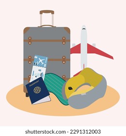 Isolated suitcase with different travel accesory items Vector