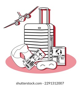 Isolated suitcase with different travel accesory items Vector