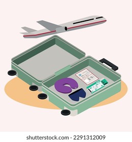 Isolated suitcase with different travel accesory items Vector