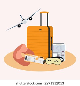 Isolated suitcase with different travel accesory items Vector