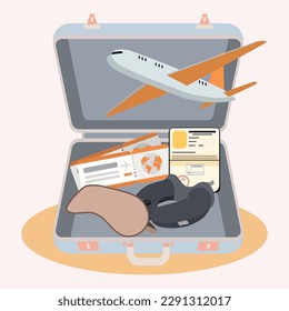 Isolated suitcase with different travel accesory items Vector