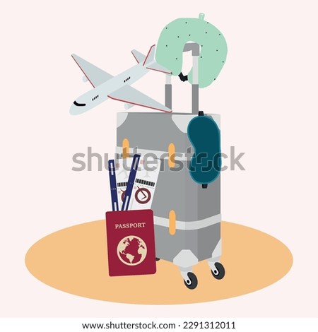 Isolated suitcase with different travel accesory items Vector