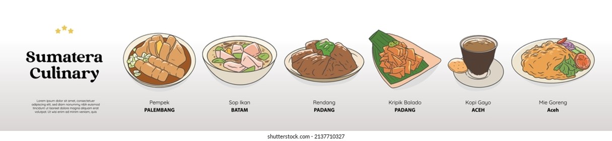 isolated sumatera culinary food bundle. Traditional cuisine hand drawn illustration vector. svg