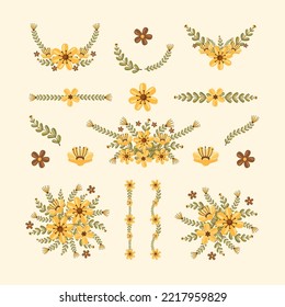 Isolated summer flowers wreath with branch and leaves. Vector bouquet and decorative object. Blooming floral material for graphic design.