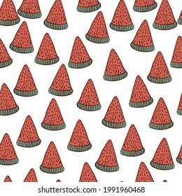 Alimentos de verano aislados sin soldadura con pequeñas rodajas de sandía orgánica rosada. Fondo blanco. Diseño gráfico para envolver texturas de papel y tela. Ilustración vectorial.